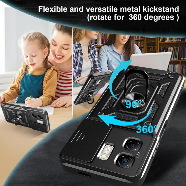 Black rugged phone case with sliding camera cover and 360° rotating kickstand ring