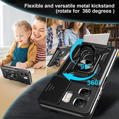 Black rugged phone case with sliding camera cover and 360° rotating kickstand ring