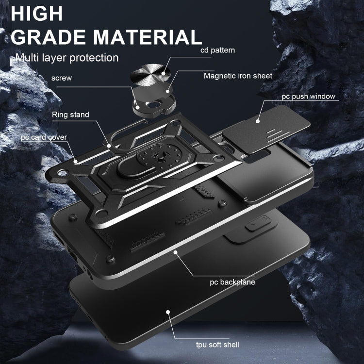 Black rugged sliding camera cover phone case with layered armor and ring stand