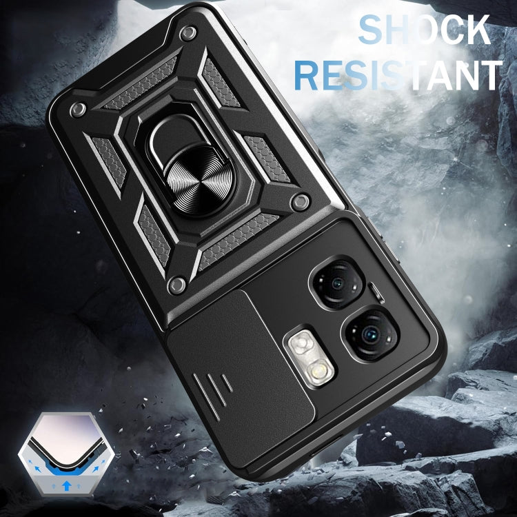 Black shock-resistant sliding camera cover phone case with textured ring stand