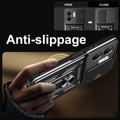 Black sliding camera cover phone case with anti-slip rugged design and ring stand