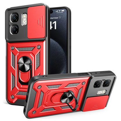 Red sliding camera cover phone case with rugged armor frame and ring stand
