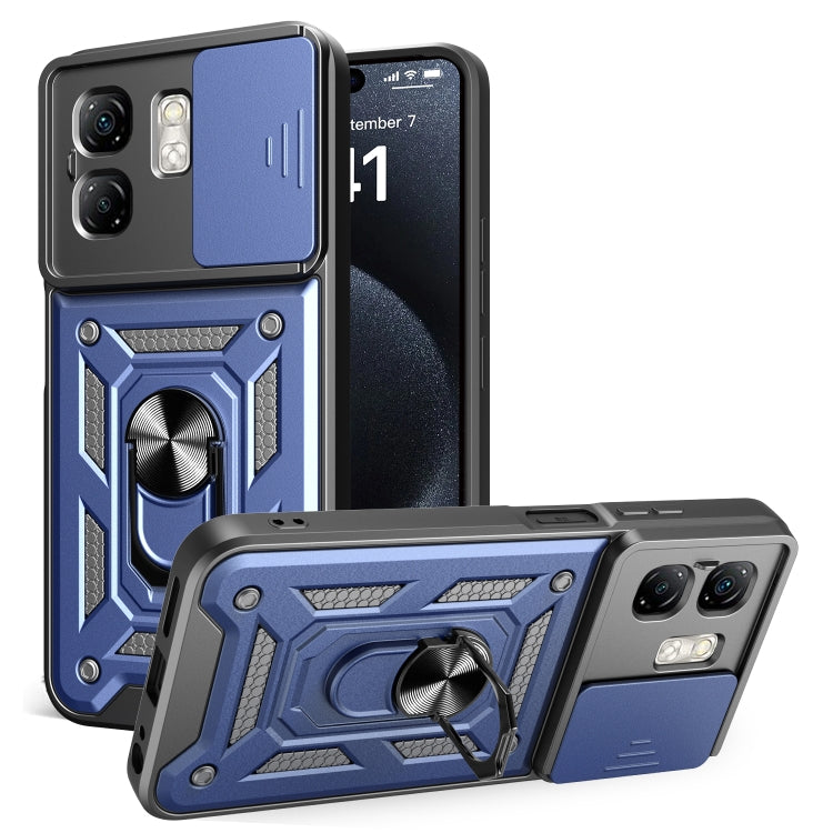 Blue sliding camera cover phone case with rugged armor frame and ring stand