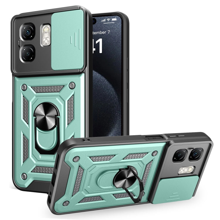 Green sliding camera cover phone case with rugged armor frame and ring stand