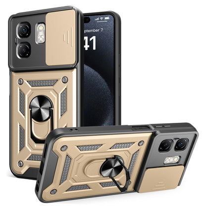 Gold phone case with sliding camera cover and ring stand, textured armor-style edges