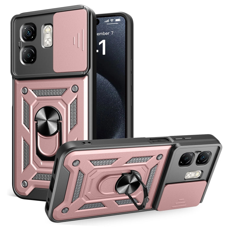 Rose pink phone case with sliding camera cover and ring stand, rugged textured design
