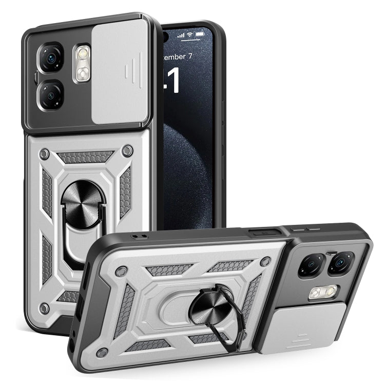 White phone case with sliding camera cover and ring stand, rugged textured armor design