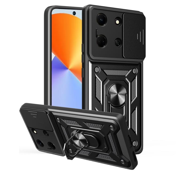Black rugged phone case with sliding camera cover, folding kickstand, and ring grip