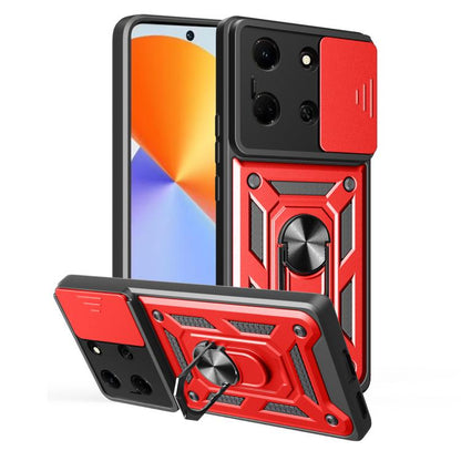 Red and black rugged phone case with sliding camera cover, folding kickstand, and ring grip