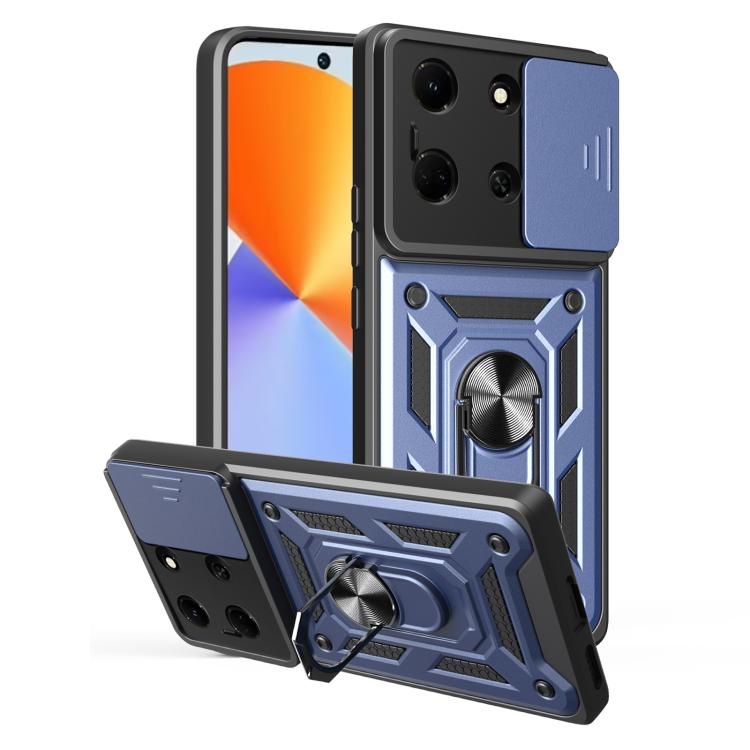 Blue and black rugged phone case with sliding camera cover, folding kickstand, and ring grip