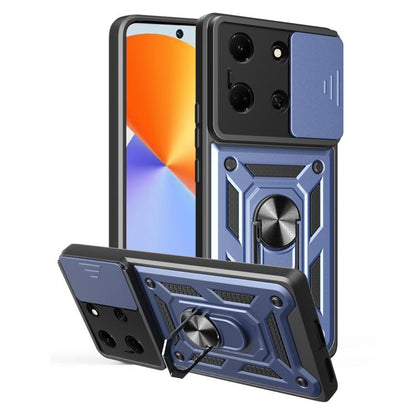 Blue and black rugged phone case with sliding camera cover, folding kickstand, and ring grip