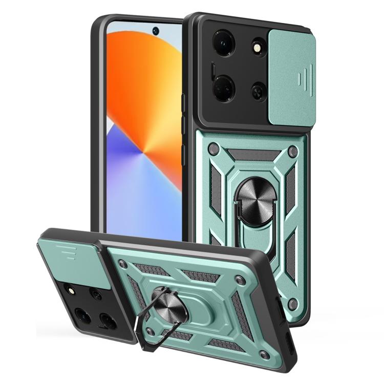 Green and black rugged phone case with sliding camera cover, folding kickstand, and ring grip