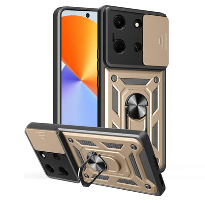 Sliding camera phone case with ring holder, beige and black rugged armor design