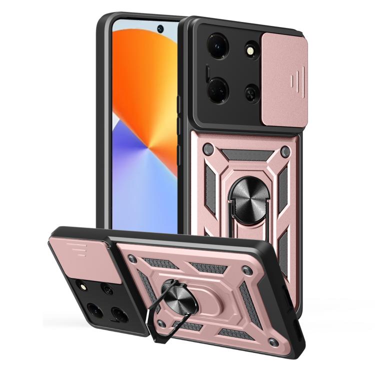 Sliding camera phone case with ring holder, rose pink and black rugged armor design