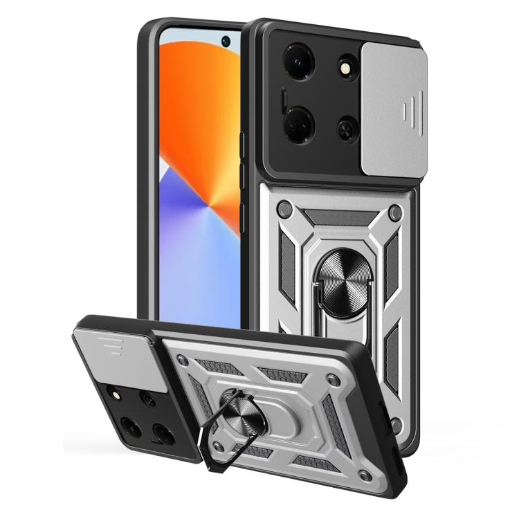 Sliding camera phone case with ring holder, gray and black rugged armor design