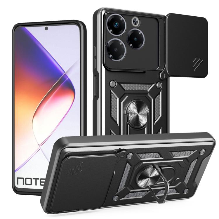 Black phone case with sliding camera cover, rugged TPU+PC, kickstand ring holder