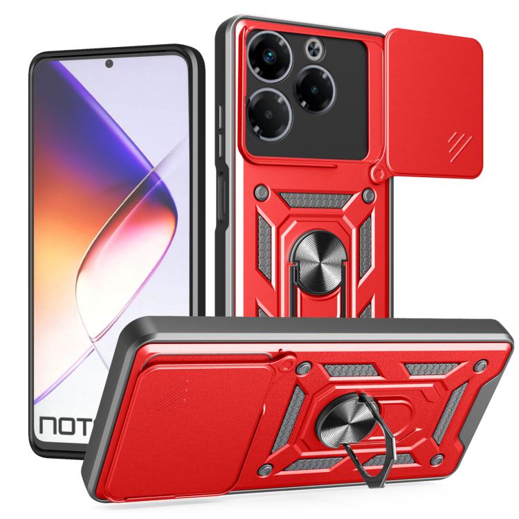 Red phone case with sliding camera cover, rugged TPU+PC, kickstand ring holder