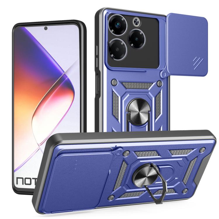 Blue phone case with sliding camera cover, rugged TPU+PC, kickstand ring holder