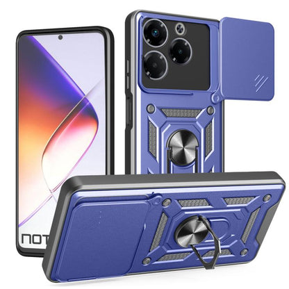 Blue phone case with sliding camera cover, rugged TPU+PC, kickstand ring holder