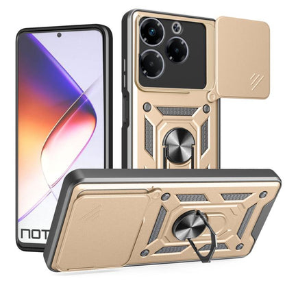 Gold phone case with sliding camera cover, rugged TPU+PC, kickstand ring holder