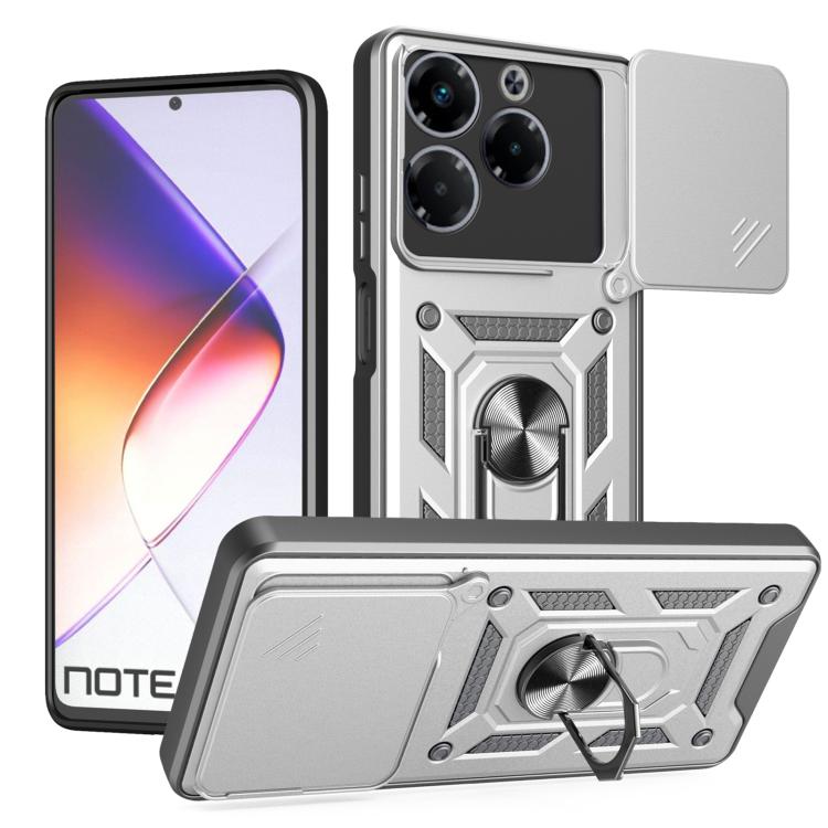 TPU+PC phone case with sliding camera cover, metal ring stand detail, silver-gray.