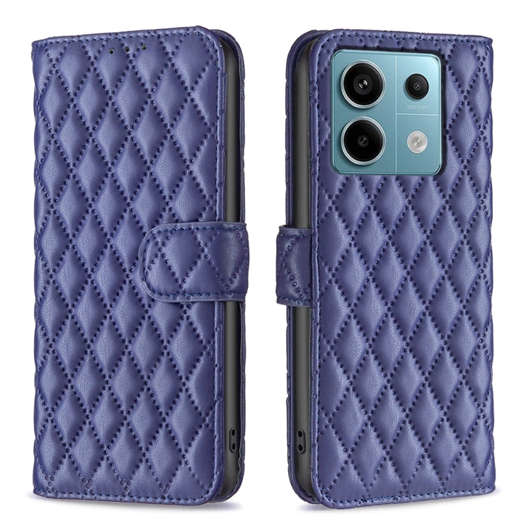 Diamond lattice leather flip phone case with belt strap, blue