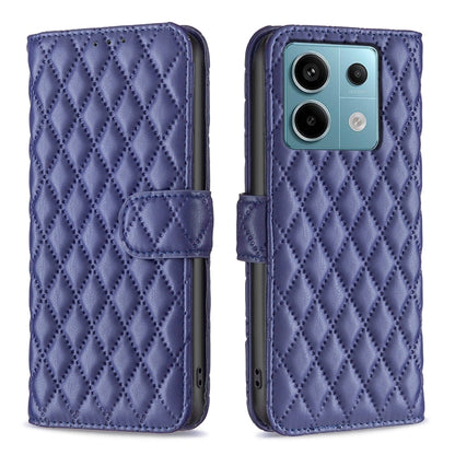 Diamond lattice leather flip phone case with belt strap, blue