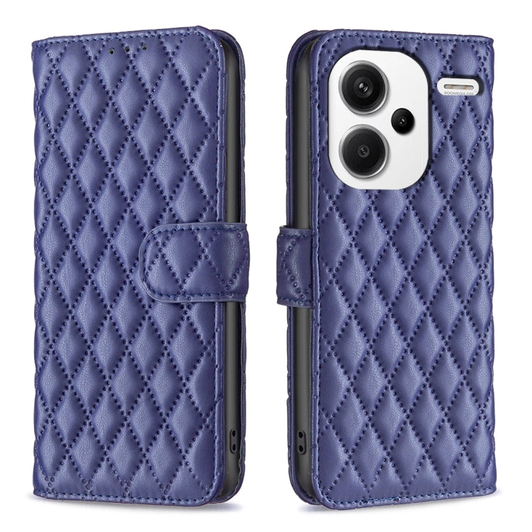 Diamond lattice leather flip phone case with belt strap, blue/purple