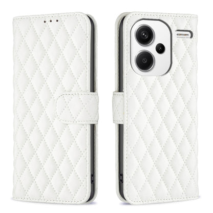 Diamond lattice leather flip phone case with belt strap, white