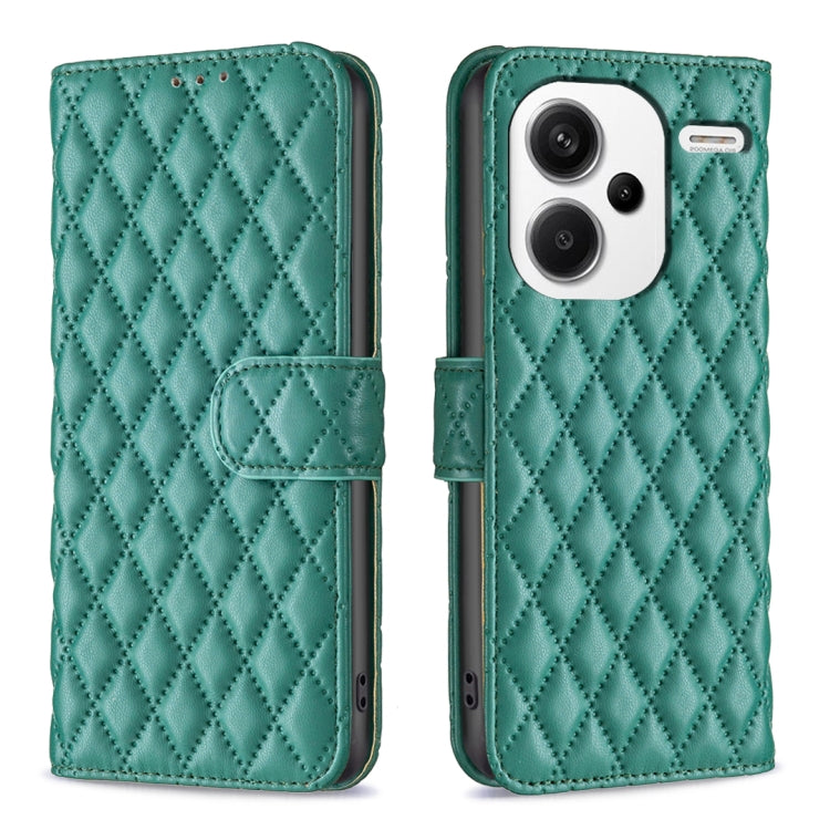 Diamond lattice leather flip phone case with belt strap, green