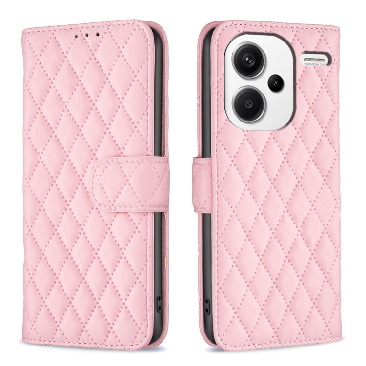 Diamond lattice leather flip phone case with belt strap, pink
