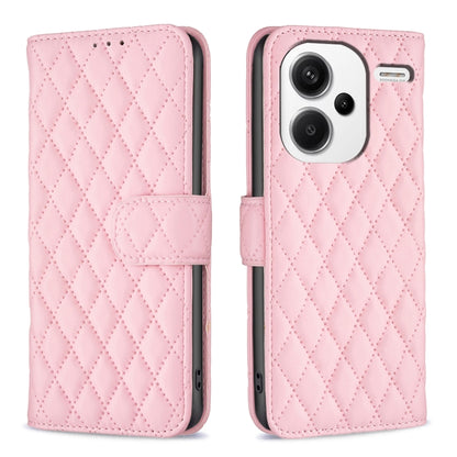 Diamond lattice leather flip phone case with belt strap, pink