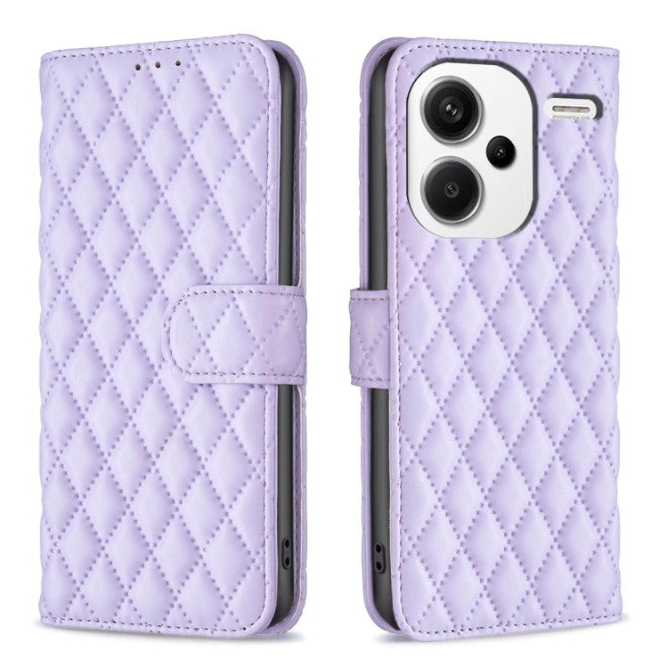 Diamond lattice leather flip phone case with belt strap, light purple