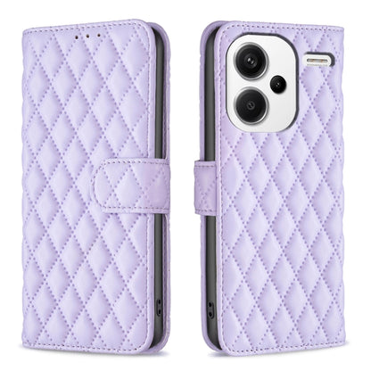 Diamond lattice leather flip phone case with belt strap, light purple