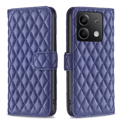 Blue diamond lattice leather flip phone case with magnetic strap and camera cutouts