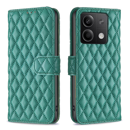 Green diamond lattice leather flip phone case with wallet-style card holder and camera cutout