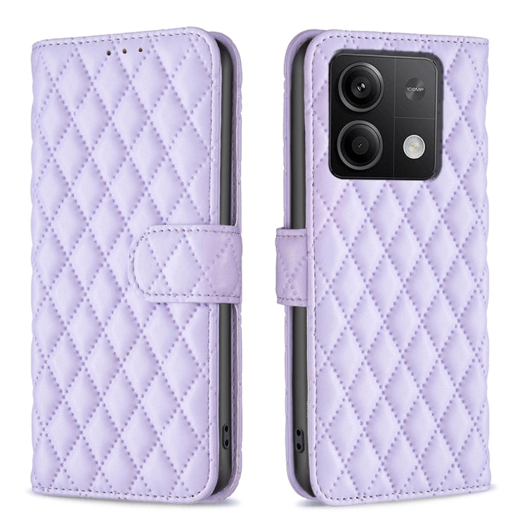 Lavender diamond lattice leather flip phone case with wallet-style card holder and camera cutout