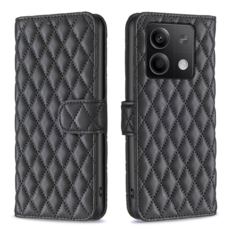 Black diamond lattice leather flip phone case with wallet-style card holder and camera cutout