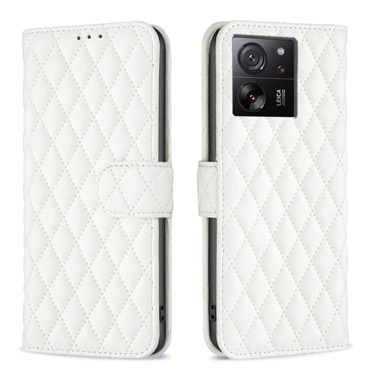 White diamond lattice leather flip phone case with magnetic strap and card slot