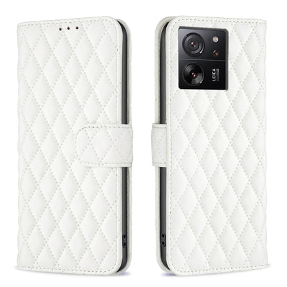 White diamond lattice leather flip phone case with magnetic strap and card slot