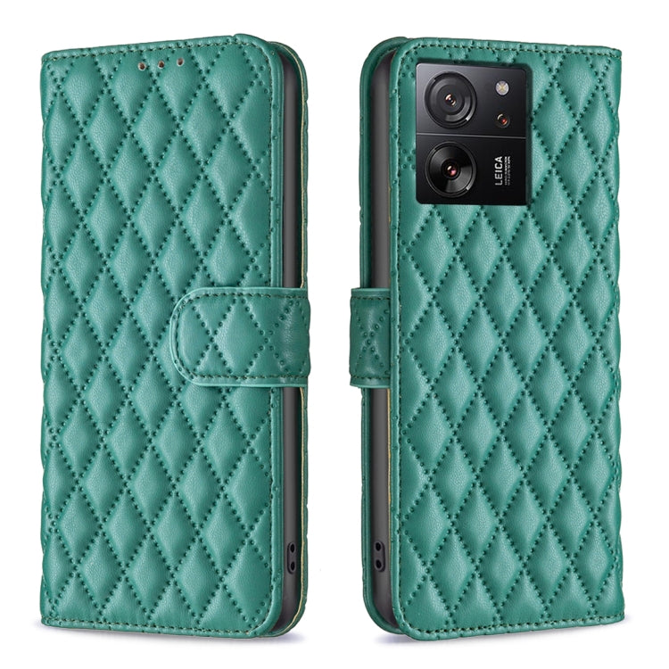 Teal diamond lattice leather flip phone case with magnetic strap and card slot