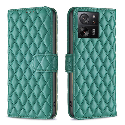 Teal diamond lattice leather flip phone case with magnetic strap and card slot