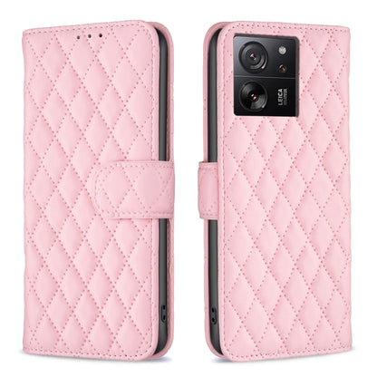 Pink diamond lattice leather flip phone case with magnetic strap and card slot