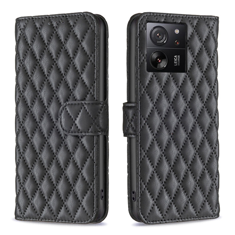 Black diamond lattice leather flip phone case with magnetic strap and card slot