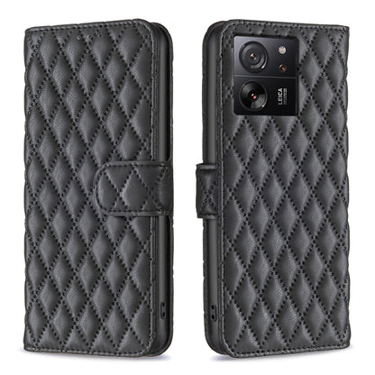 Black diamond lattice leather flip phone case with magnetic strap and card slot