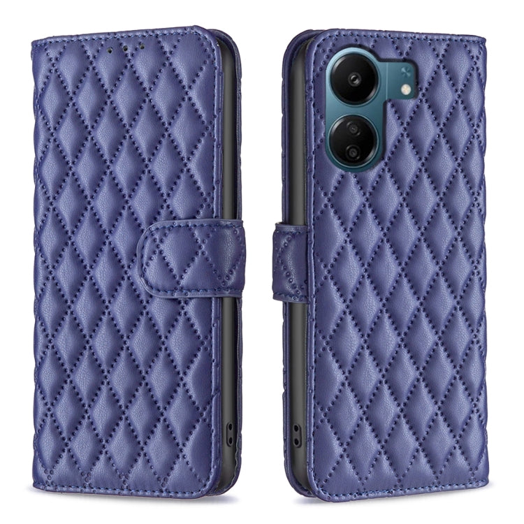 Blue diamond lattice leather flip phone case with wallet-style card holder and camera cutout