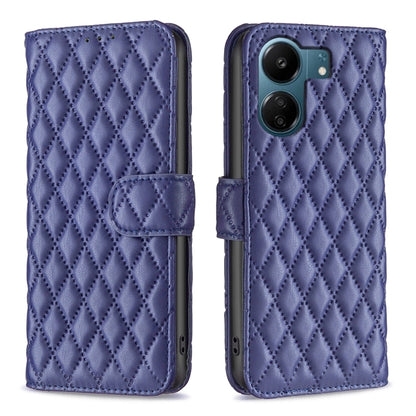 Blue diamond lattice leather flip phone case with wallet-style card holder and camera cutout