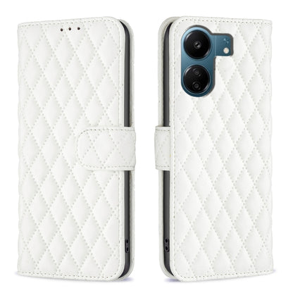 White diamond lattice leather flip phone case with wallet-style card holder and rear camera openings