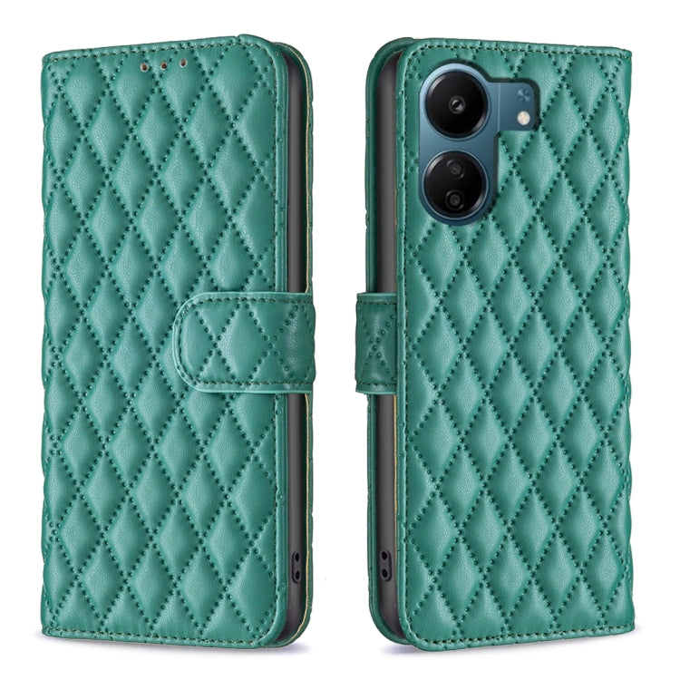 Green diamond lattice leather flip phone case with wallet-style card holder and rear camera openings