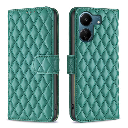 Green diamond lattice leather flip phone case with wallet-style card holder and rear camera openings
